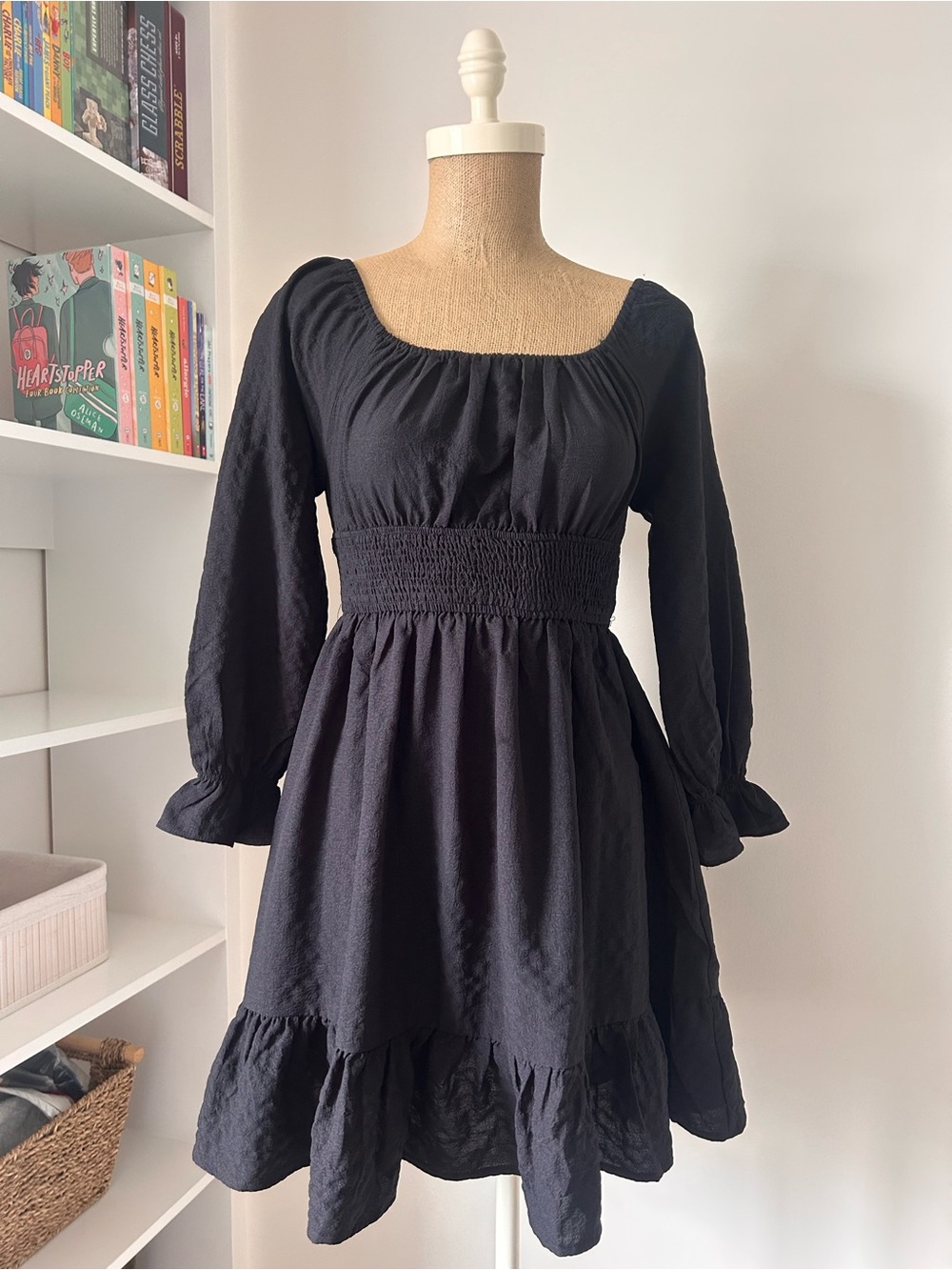Smocked Waist Black Maxi Dress with Square Neck